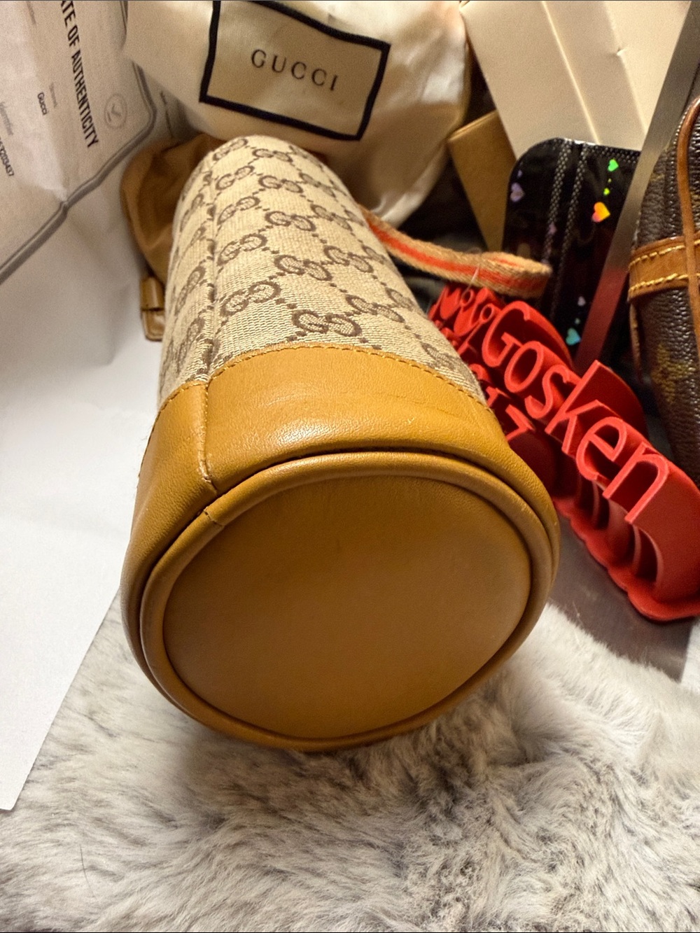 Gucci Beige GG Monogram Drawstring Mini Water Bottle Bag with Tan Trim - Picture 3 of 15